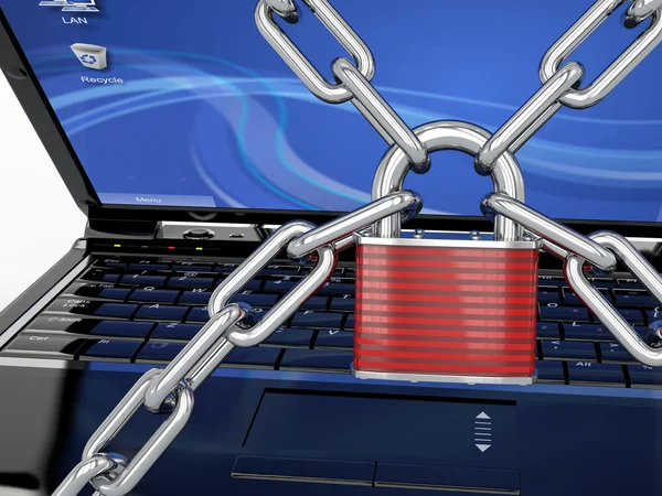 Seguridad de la PC. Portátil con cadena y cerradura — Foto de Stock