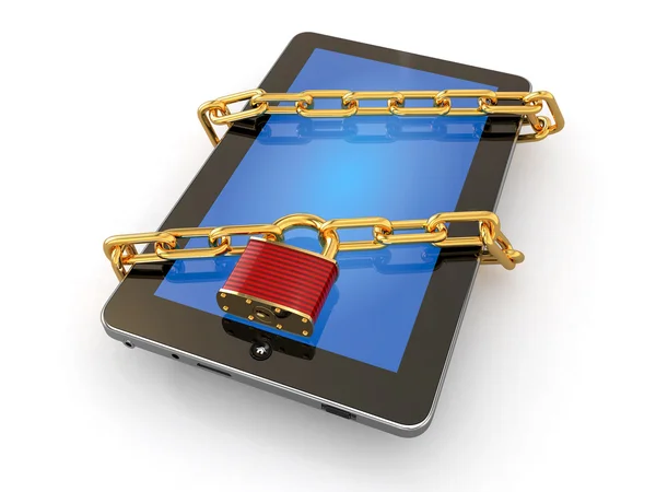 Tablet pc security. Chain with lock on computer. — Stock Photo, Image