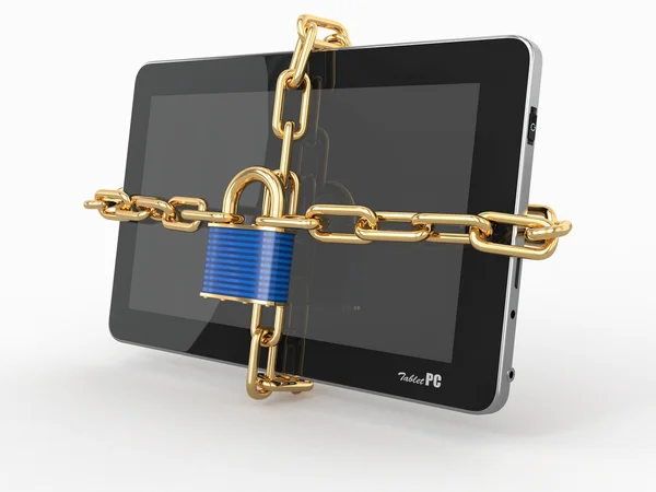 Tablet pc-säkerhet. kedja med lås på datorn. — Stockfoto
