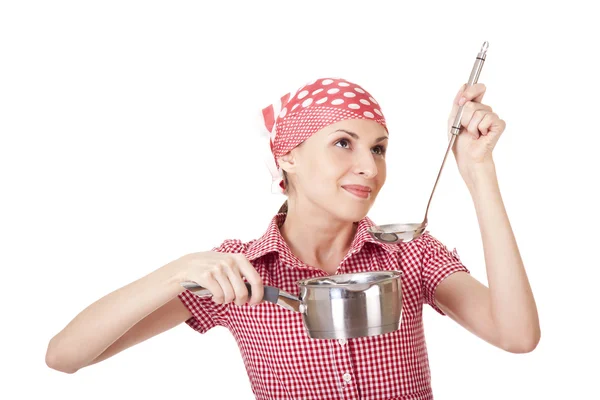 取鍋および鍋と遊び心のある主婦 — ストック写真