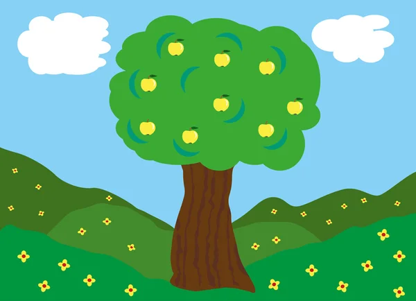 Apple tree on green fields — Stock Vector