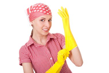 Maid woman is ready for cleaning clipart