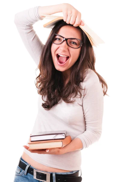 De jonge vrouw schreeuwen met boeken — Stockfoto