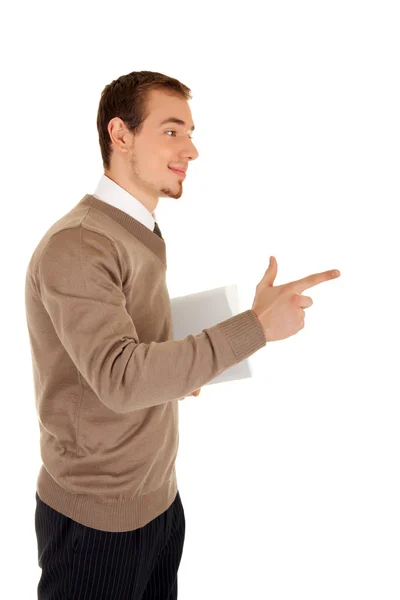 Man with documentation shows direction — Stock Photo, Image