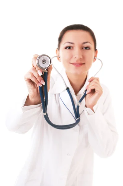 Smiling doctor listen with stetoscope Royalty Free Stock Photos