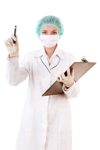Careful doctor with pen medical report Royalty Free Stock Images