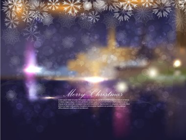 Christmas night city with snowflakes and bokeh. Abstraction a vector a back clipart