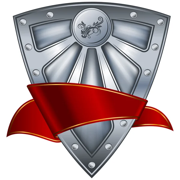 Сталевий щит з червоною стрічкою — стоковий вектор