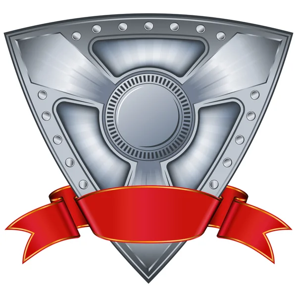 Escudo de acero con cinta roja — Vector de stock