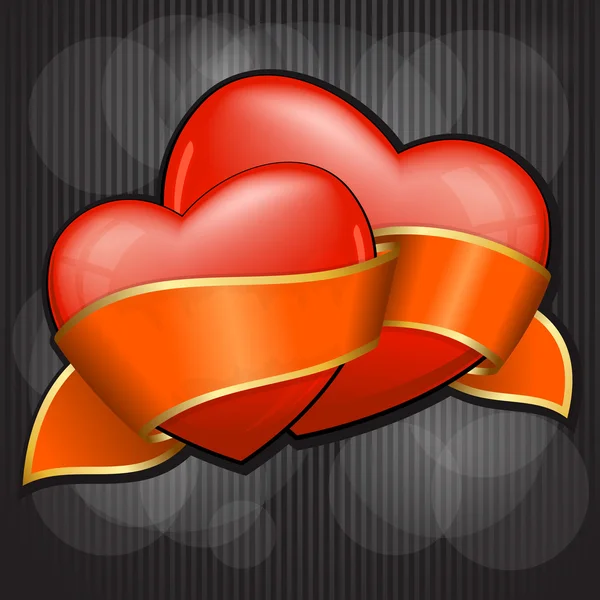 Valentine`s Day two heart with orange ribbon — Stock Vector