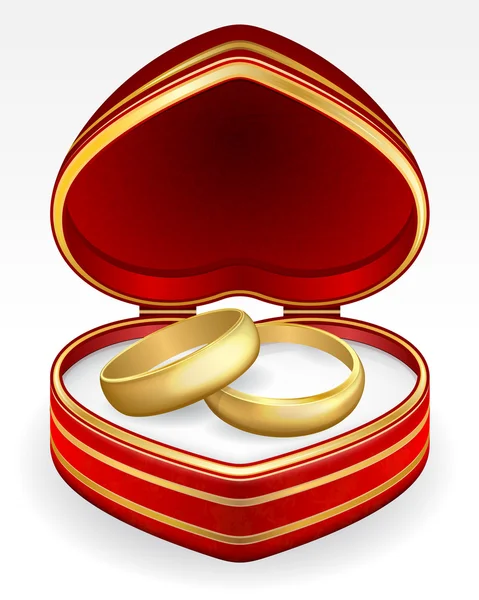 Anillos de boda de oro con caja en forma de corazón — Vector de stock