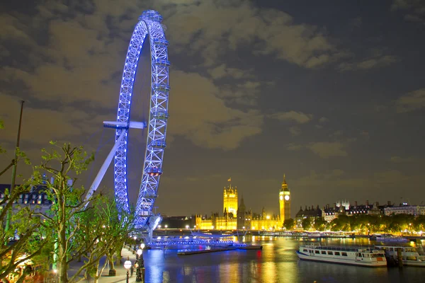 London eye, big ben och Westminsterpalatset nattetid — Stockfoto