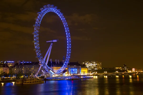 London eye i rzeki Tamizy przez noc, Londyn, Wielka Brytania — Zdjęcie stockowe
