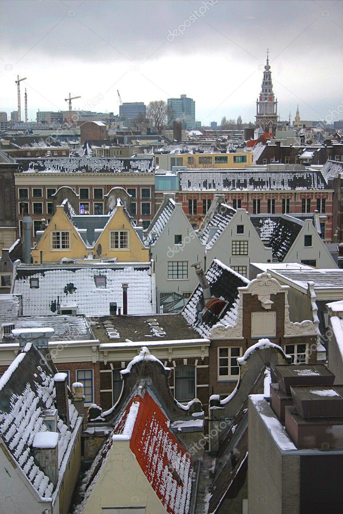 Aerial view of the Amsterdam city during the winter