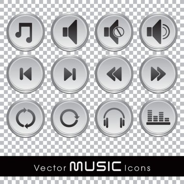 Vector music glossy web icons in transparent background. clipart