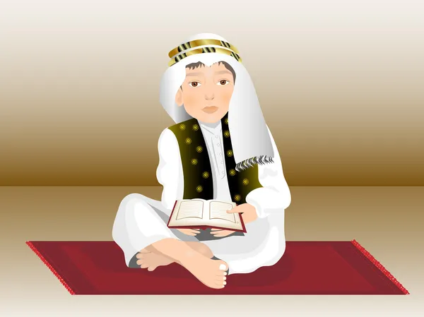 Lindo niño lee el Sagrado Corán , — Vector de stock