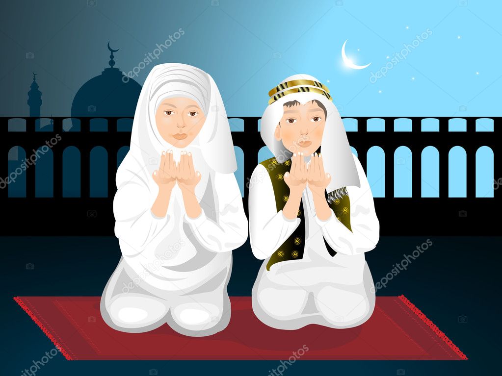 Two cute little muslim kids praying with hands up