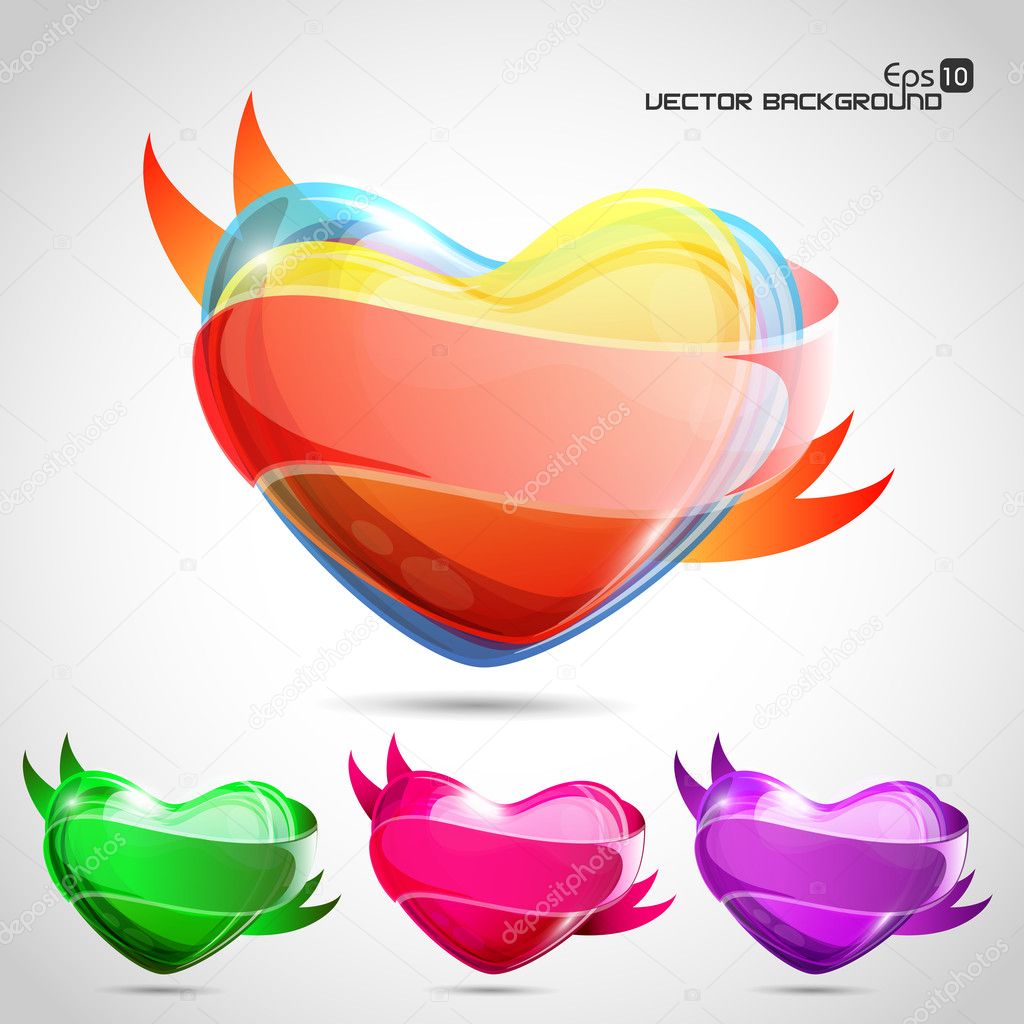 Vector glossy heart set in orange,green blue and pink eps10.
