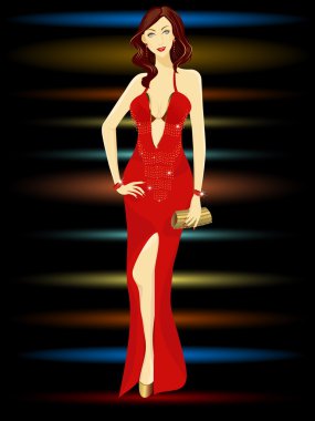 Vector illustration of a beautiful woman with golden clutch bag, clipart