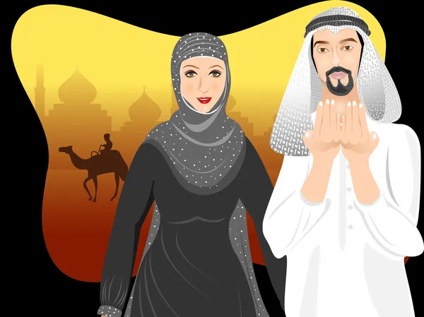 Hermosa pareja árabe musulmana , — Vector de stock