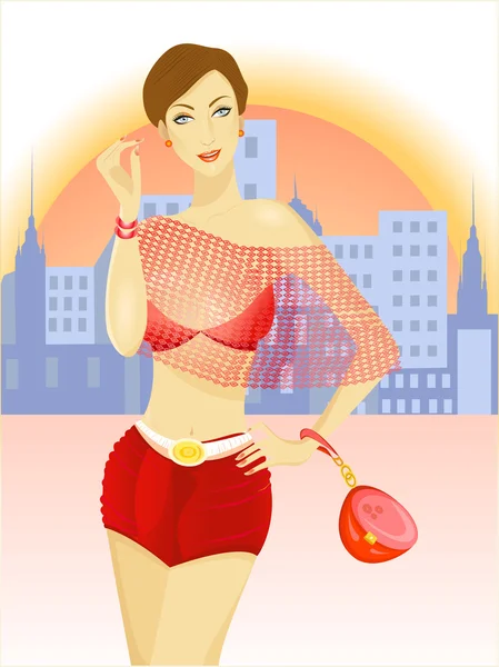 Eps10 vektor illustration av en vacker kvinna med röd clutch b — Stock vektor