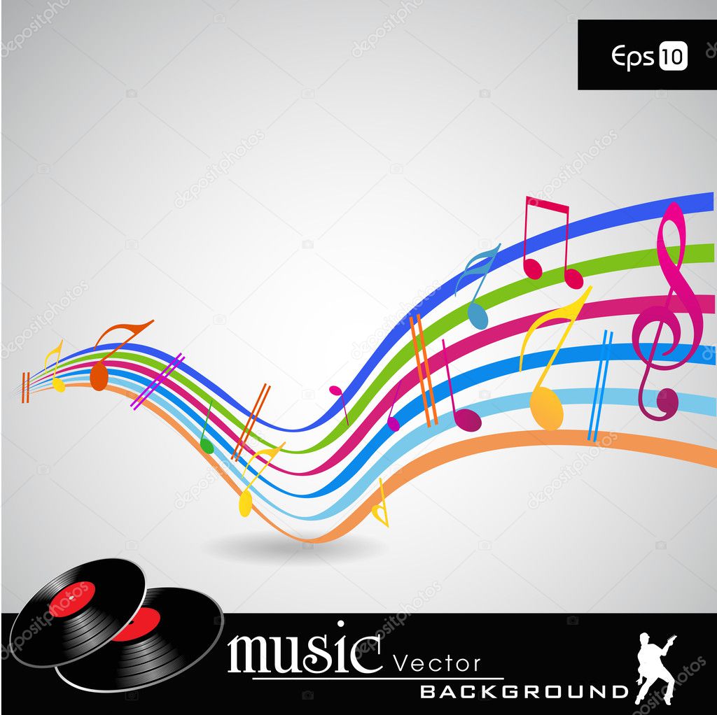 Note and sound waves. Musical colorful wave line of music notes background. EPS 10, vector illustration.