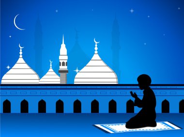 Illustration of eid mubarak card with mosque in night view with clipart