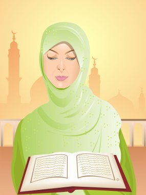 Beautiful young woman wearing green headscarf reading the Kuran. clipart