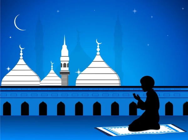 Ilustración de la tarjeta eid mubarak con mezquita en vista nocturna con — Vector de stock