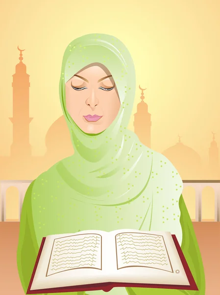 아름 다운 젊은 여자는 kuran 읽고 녹색 headscarf를 착용. — 스톡 벡터