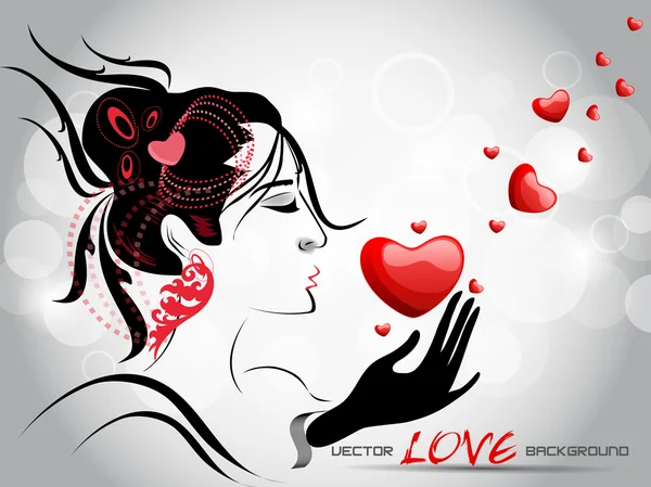 Una hermosa chica sosteniendo un corazón rojo con un fondo abstracto . — Vector de stock