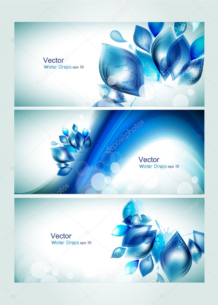 Abstract water headers with splash and glitter effects.