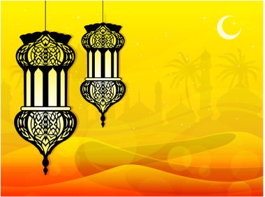 Intricate arabic lamp in desert, waves and mosque in background. clipart