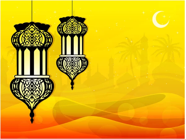 Lampada arabica intricata nel deserto, onde e moschea sullo sfondo . — Vettoriale Stock