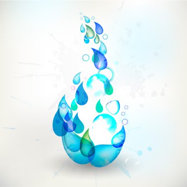 Blue water drop with water drops and leaves. clipart