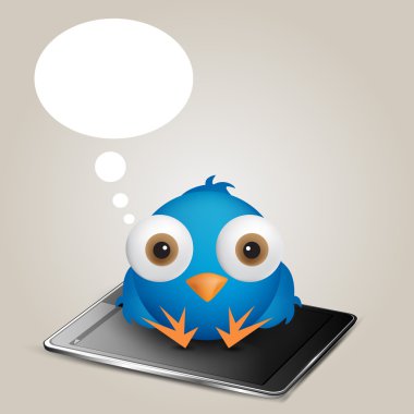 sosyal ağ karikatür mavi kuş düşünme oturma yere telefon. EP