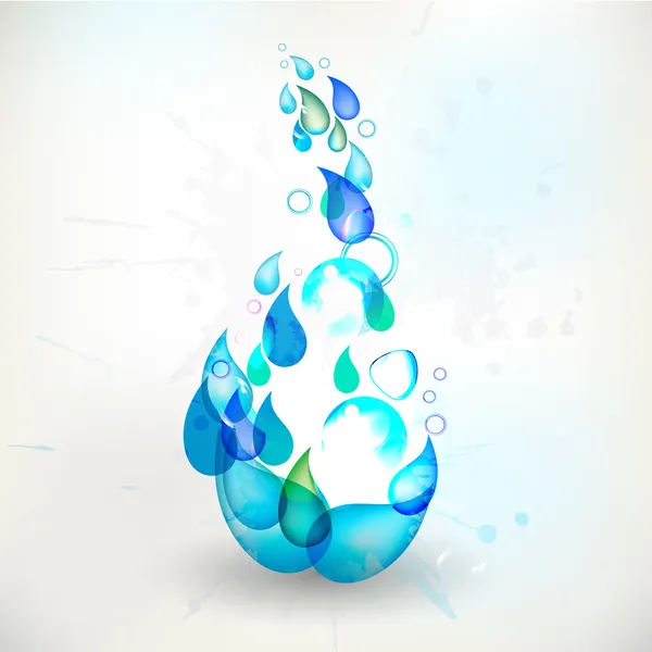 Goccia d'acqua blu con gocce d'acqua e foglie . — Vettoriale Stock
