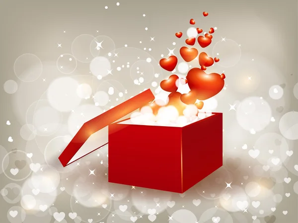 Nyitott 3d piros ajándék doboz-val fényes szív alakú — Stock Vector