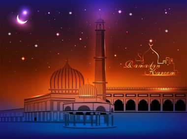 Ramadan Kareem text with Mosque or Masjid on night abstract background in blue color clipart