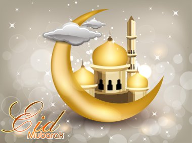 Eid Mubarak text with moon, Mosque or Masjid in golden color clipart