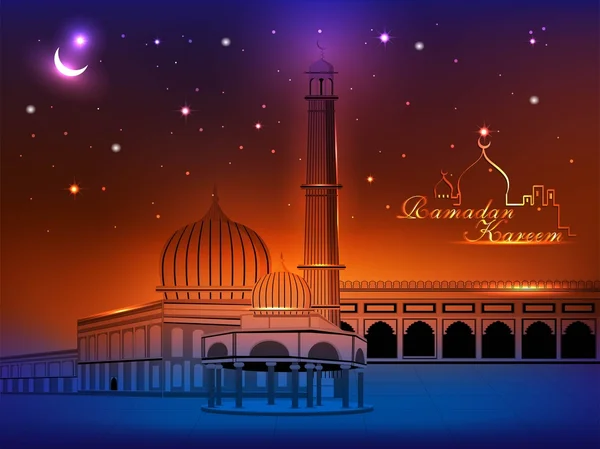 Ramadan Kareem testo con Moschea o Masjid su sfondo astratto notte in colore blu — Vettoriale Stock
