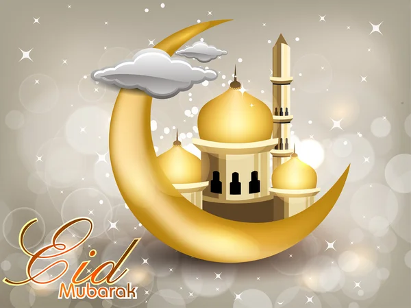 Eid Mubarak texto com lua, Mesquita ou Masjid na cor dourada — Vetor de Stock