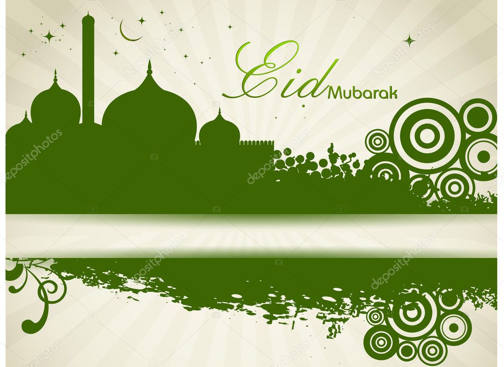 Eid Mubarak text with Mosque or Masjid on shiny abstract background