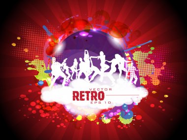 Retro colorful dance carnival on rays background and copy space clipart