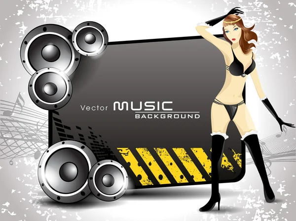 Banner de música ou cartaz com alto-falantes brilhantes e um danc menina sexy — Vetor de Stock