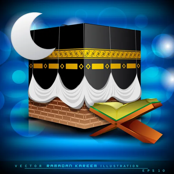 Hermosa mezquita o Masjid con el libro sagrado del Corán y la luna en mord — Vector de stock