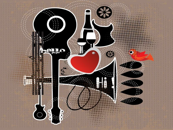 Grung に形状がギター、愛の鳥および中心とレトロな背景 — ストックベクタ
