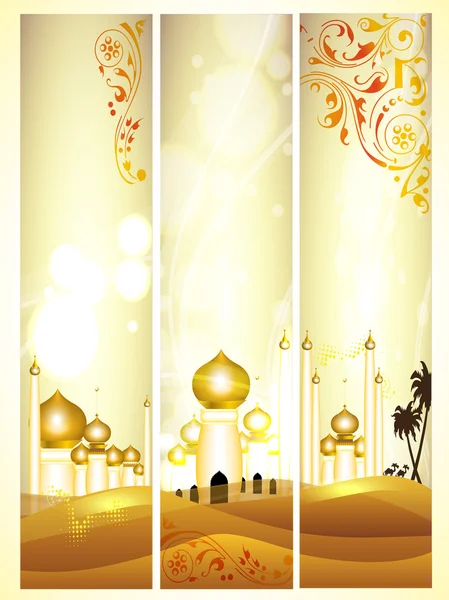 Encabezados del sitio web o pancartas con mezquita dorada o Masjid con flo — Vector de stock