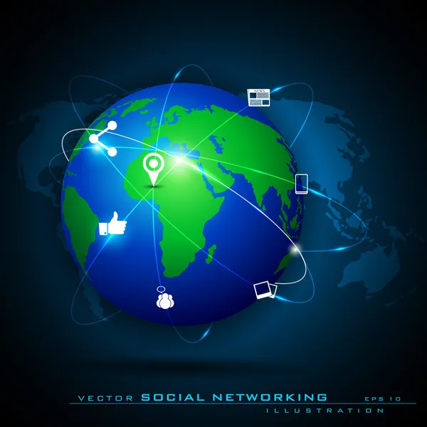 Globus z wskaźniki, sygnały i społecznego ikony sieci społecznej — Wektor stockowy