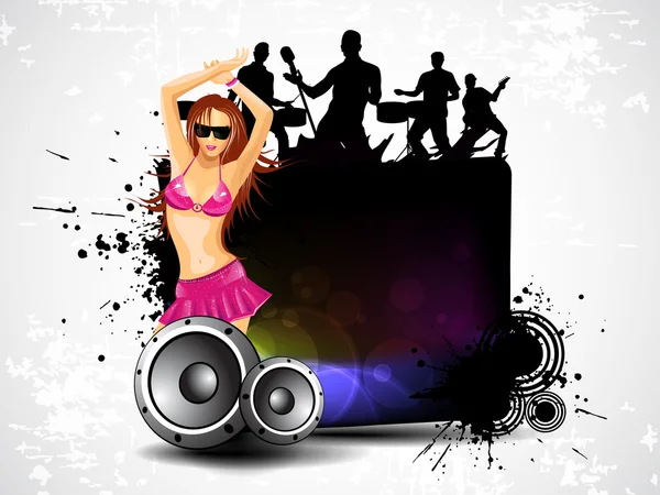Party banner, flyer or poster with shiney speakers and a sexy gi — Stock Vector